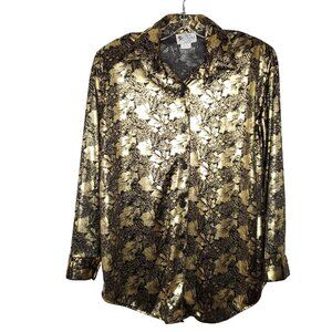 Retro 1980s Metallic Blouse Top M Gold Black Floral Leaves Shiny Party Glam